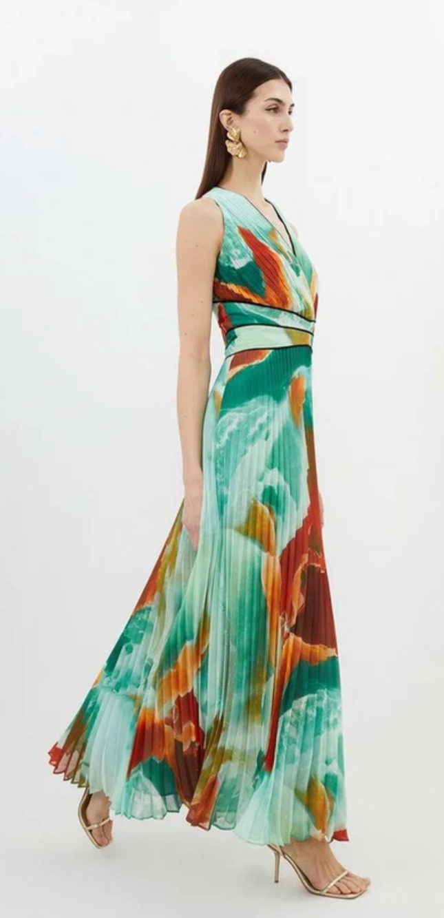 Karen Millen Womens Abstract Printed Soft Pleated Plunge Maxi Dress Size 12 NWT